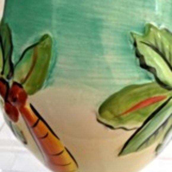 Clay Art Stone Lite Hand Painted Tropical Palm Trees Palm Beach Sangria Pitcher - Picture 2 of 9